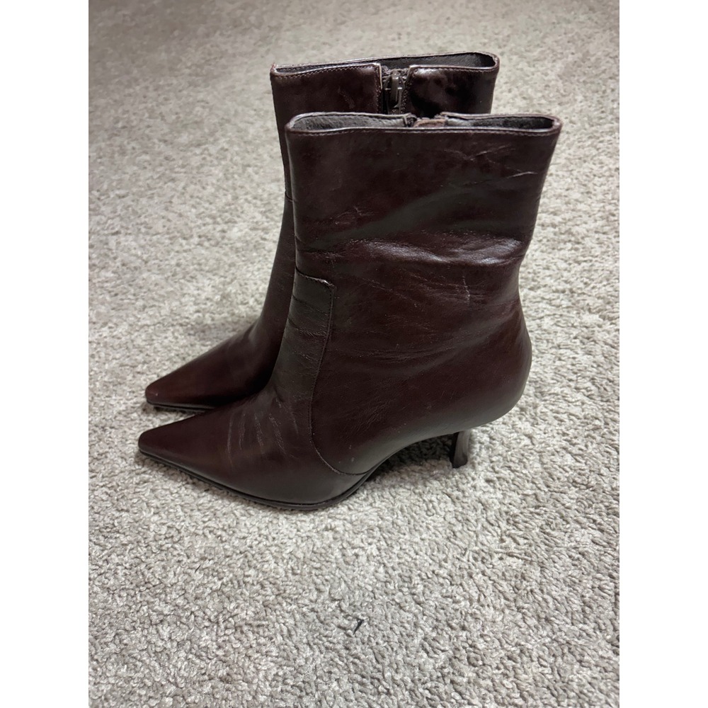 Chocolat Blu KZ-72-058 Dark Brown Leather Pointed Toe Kitten Heel Boots Size 37 - Picture 2 of 8